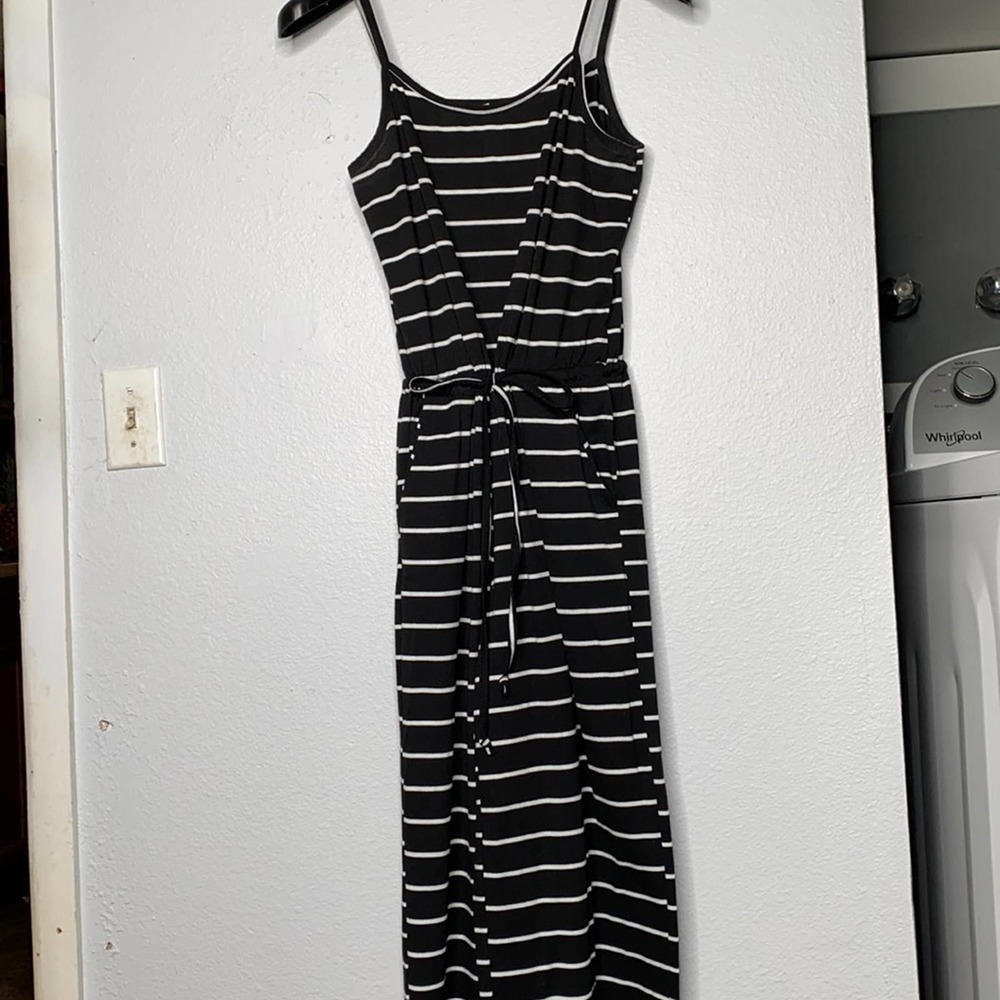 Black and White Striped Tank Top Strappy Romper Jumpsuit with waist Tie